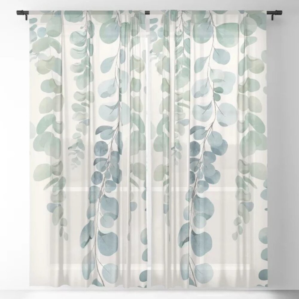 2 long sheer curtain panels. Eucalyptus leaf pattern.